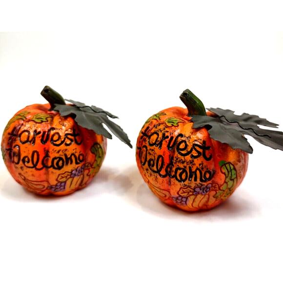 Set Resin Pumpkin Figurines w/ Metal Leaves Carved Harvest Welcome Fall Decor - Picture 6 of 7
